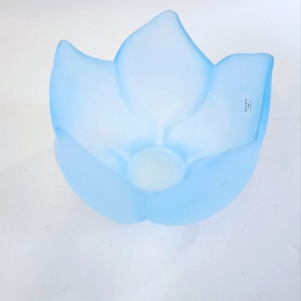 Vintage Italian 60s MCM Blue Mist Lotus Floral Candy Dish Frosted Art Glass Bowl